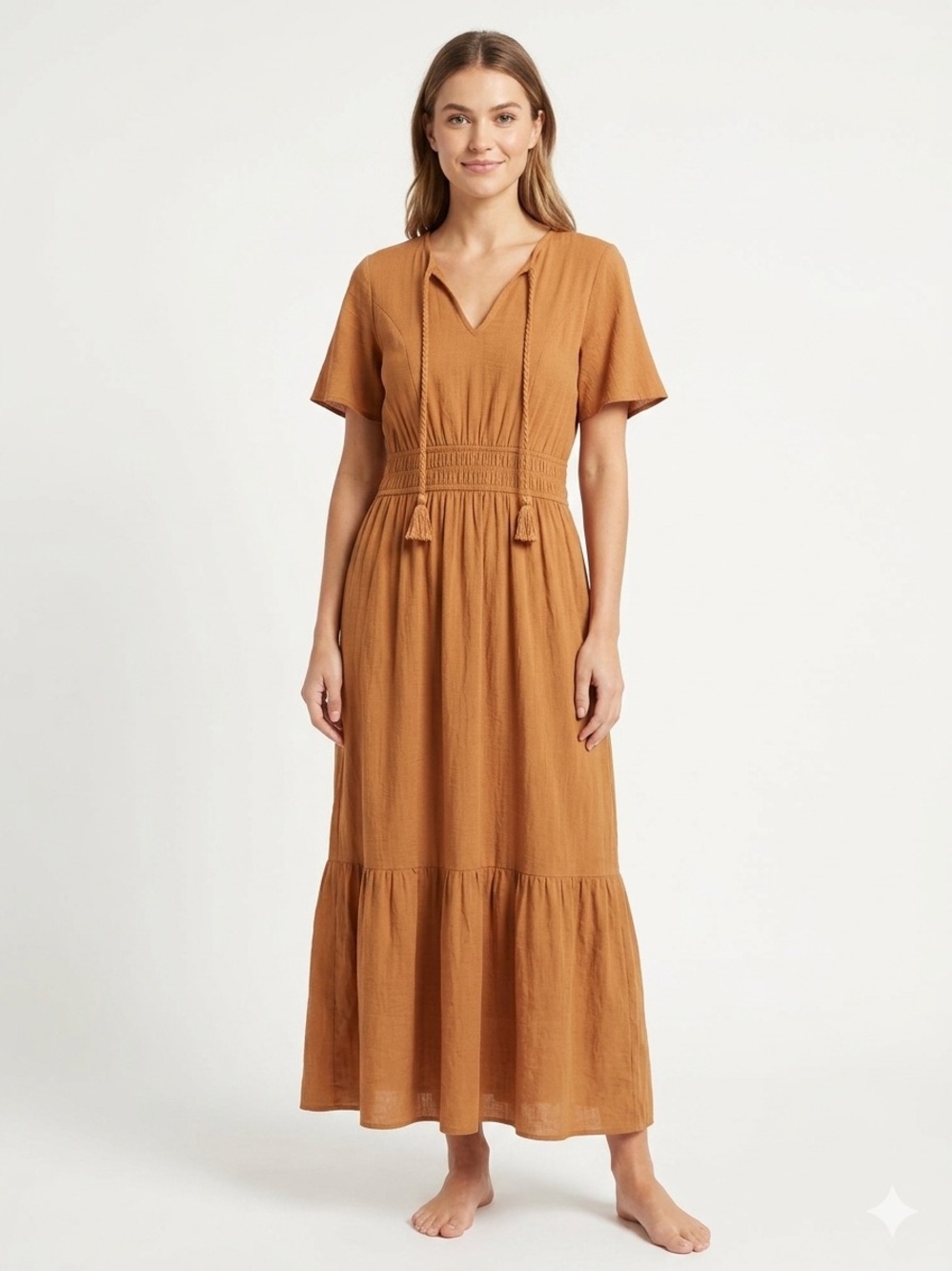 Knox Rose NWT Maxi Dress in Mustard Brown Boho Split Neck Tassels